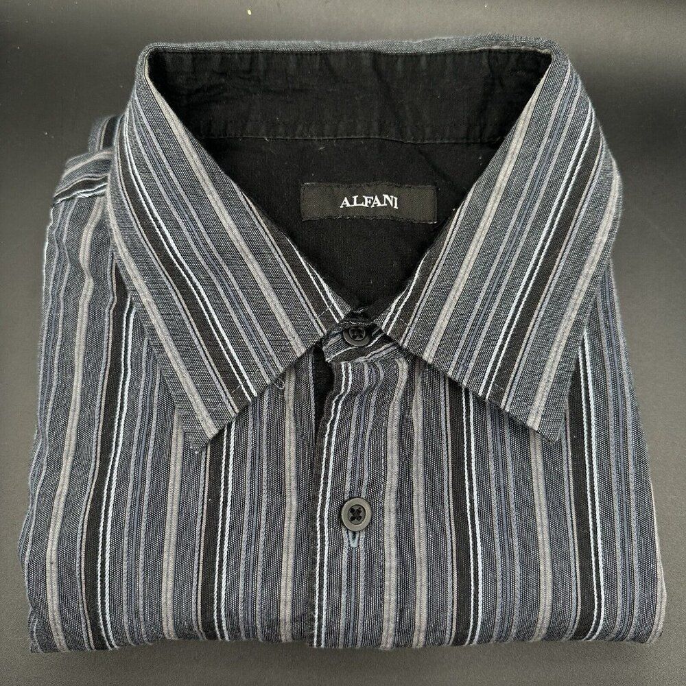 Alfani Mens XXL Button Up Dress Shirt Black Gray Striped Long Sleeve Work Casual